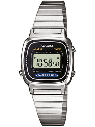 Front view of Casio LA670WEA-1EF Black Dial Silver Stainless Steel Unisex Watch on white background