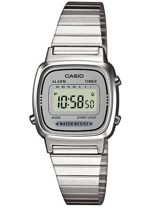 Front view of Casio LA670WEA-7EF Silver Stainless Steel Unisex Watch on white background