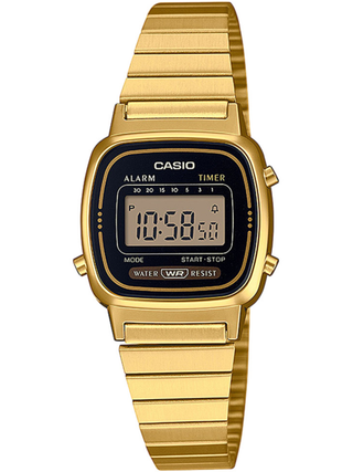 Front view of Casio Retro Vintage Chronograph LA670WEGA-1EF Black Dial Gold Stainless Steel Womens Watch on white background