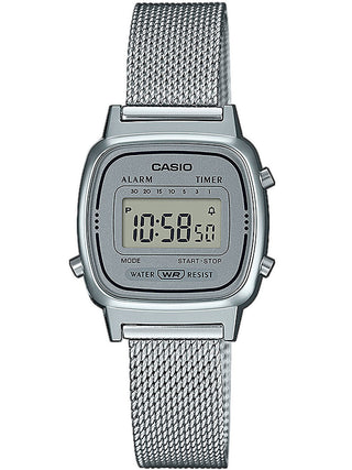 Front view of Casio LA670WEM-7EF Silver Stainless Steel Womens Watch on white background