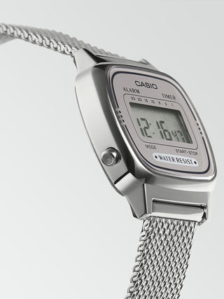 Angle shot of Casio LA670WEM-7EF Silver Stainless Steel Womens Watch on white background