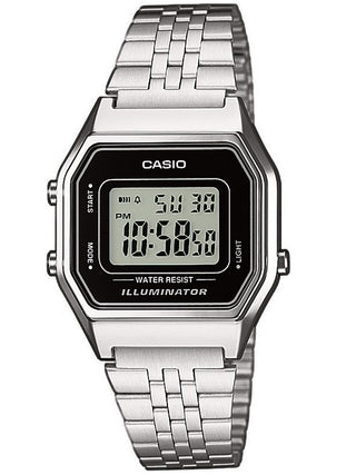 Front view of Casio LA680WEA-1EF Black Dial Silver Stainless Steel Unisex Watch on white background