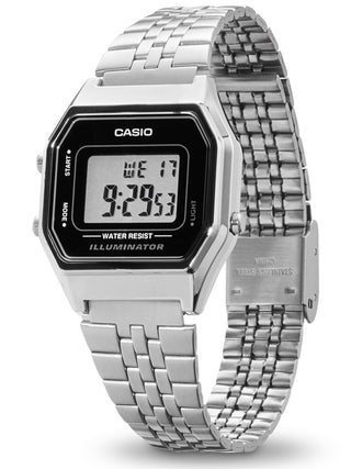 Angle shot of Casio LA680WEA-1EF Black Dial Silver Stainless Steel Unisex Watch on white background