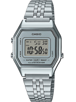 Front view of Casio Retro Vintage LA680WEA-7EF Grey Stainless Steel Womens Watch on white background