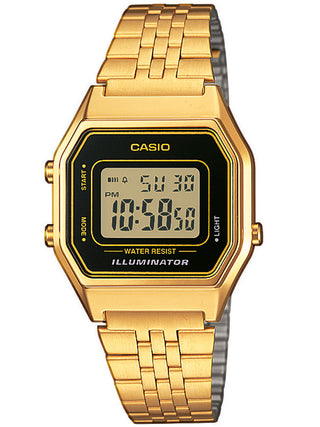 Front view of Casio LA680WEGA-1ER Black Dial Gold Stainless Steel Unisex Watch on white background