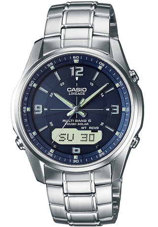 Front view of Casio Chronograph LCW-M100DSE-2AER Blue Dial Silver Stainless Steel Unisex Watch on white background