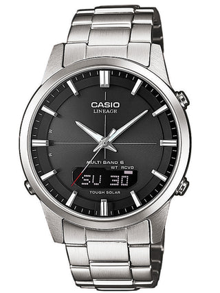 Front view of Casio Ana-Digit Multiband 6 Tough Solar LCW-M170D-1AER Black Dial Silver Stainless Steel Unisex Watch on white background