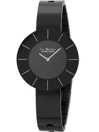 Angle shot of Jacques Lemans LP-128E Black Stainless Steel Womens Watch on white background