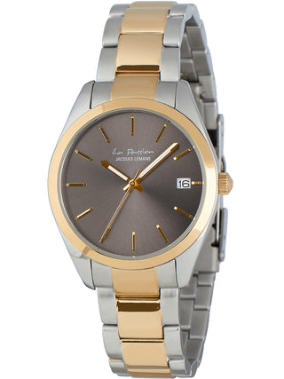 Angle shot of Jacques Lemans LP-132G Grey Dial Gold Stainless Steel Womens Watch on white background