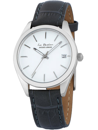 Angle shot of Jacques Lemans LP-132J White Dial Grey Leather Womens Watch on white background