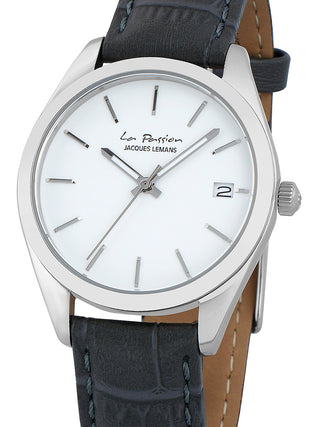 Front view of Jacques Lemans LP-132J White Dial Grey Leather Womens Watch on white background