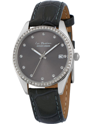 Angle shot of Jacques Lemans LP-133A Grey Leather Womens Watch on white background