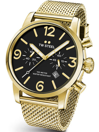 Angle shot of TW Steel Chronograph MB24 Black Dial Gold Stainless Steel Unisex Watch on white background