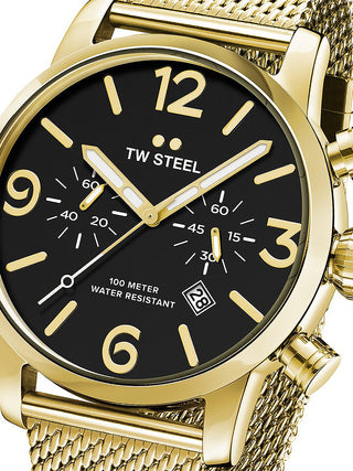 Front view of TW Steel Chronograph MB24 Black Dial Gold Stainless Steel Unisex Watch on white background