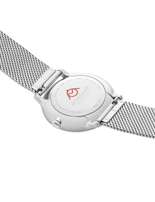 Angle shot of Mondaine MLE.33110.SM White Dial Silver Stainless Steel Womens Watch on white background