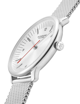 Angle shot of Mondaine MLE.33110.SM White Dial Silver Stainless Steel Womens Watch on white background