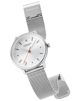 Angle shot of Mondaine MLE.33110.SM White Dial Silver Stainless Steel Womens Watch on white background