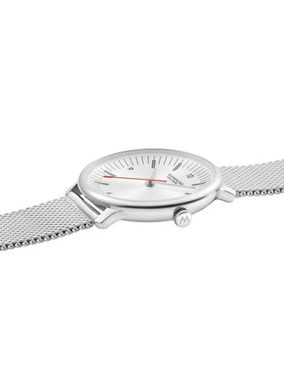 Angle shot of Mondaine MLE.33110.SM White Dial Silver Stainless Steel Womens Watch on white background