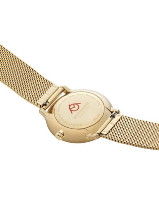 Angle shot of Mondaine MLE.33111.SM White Dial Gold Stainless Steel Womens Watch on white background
