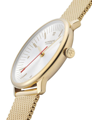 Angle shot of Mondaine MLE.33111.SM White Dial Gold Stainless Steel Womens Watch on white background