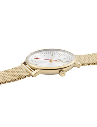 Angle shot of Mondaine MLE.33111.SM White Dial Gold Stainless Steel Womens Watch on white background