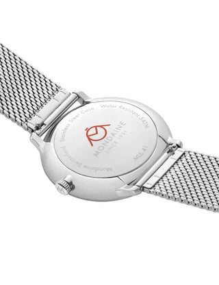 Angle shot of Mondaine MLE.41210.SM Silver Stainless Steel Unisex Watch on white background