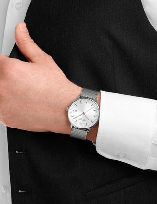 Angle shot of Mondaine MLE.41210.SM Silver Stainless Steel Unisex Watch on white background