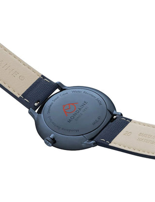 Angle shot of Mondaine MLE.41240.LDV Blue Stainless Steel Unisex Watch on white background