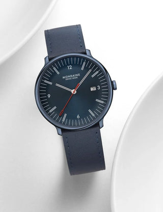 Angle shot of Mondaine MLE.41240.LDV Blue Stainless Steel Unisex Watch on white background