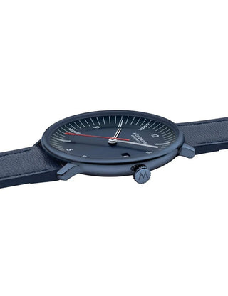 Angle shot of Mondaine MLE.41240.LDV Blue Stainless Steel Unisex Watch on white background