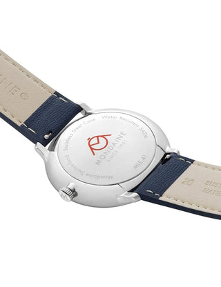 Angle shot of Mondaine MLE.41910.LDV White Dial Blue Leather Unisex Watch on white background