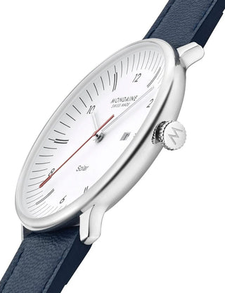 Angle shot of Mondaine MLE.41910.LDV White Dial Blue Leather Unisex Watch on white background