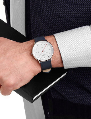 Angle shot of Mondaine MLE.41910.LDV White Dial Blue Leather Unisex Watch on white background
