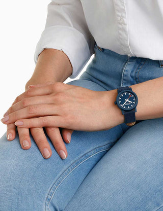 Angle shot of Mondaine MS1.32140.LD Blue Textile Womens Watch on white background