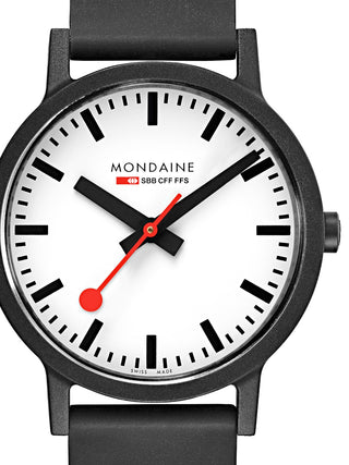 Front view of Mondaine MS1.41110.RB White Dial Black Silicone Unisex Watch on white background