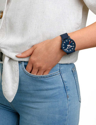 Angle shot of Mondaine MS1.41140.LD Blue Textile Unisex Watch on white background