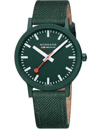 Angle shot of Mondaine MS1.41160.LF Green Textile Unisex Watch on white background