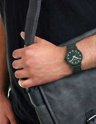 Angle shot of Mondaine MS1.41160.LF Green Textile Unisex Watch on white background