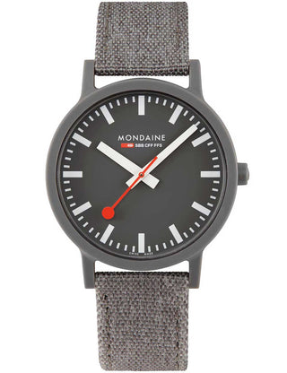 Angle shot of Mondaine MS1.41180.LH Grey Textile Unisex Watch on white background