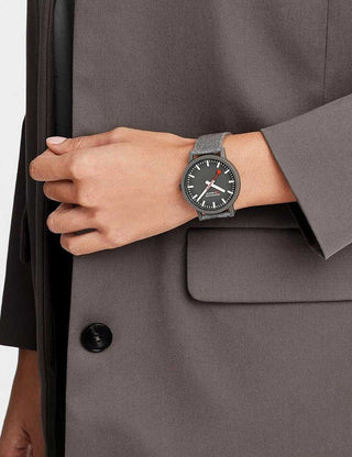 Angle shot of Mondaine MS1.41180.LH Grey Unisex Watch on white background