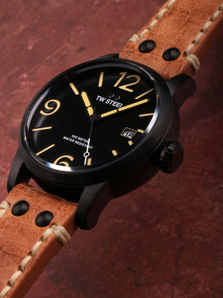 Angle shot of TW Steel MS31 Black Dial Brown Leather Unisex Watch on white background