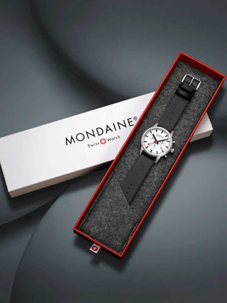 Angle shot of Mondaine Chronograph MSD.41411.LBV White Dial Black Leather Unisex Watch on white background