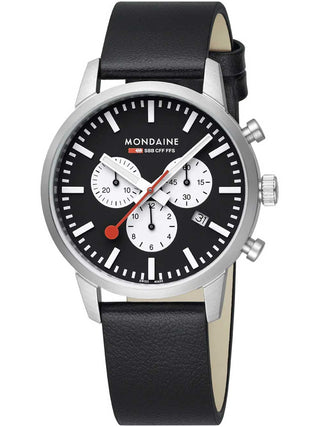Front view of Mondaine Chronograph MSD.41420.LBV Black Leather Unisex Watch on white background