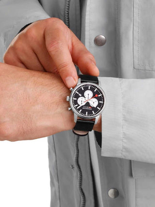 Angle shot of Mondaine Chronograph MSD.41420.LBV Black Leather Unisex Watch on white background
