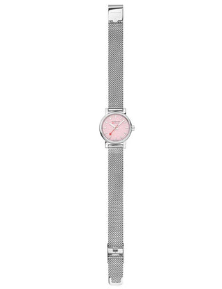 Angle shot of Mondaine MSE.26130.SM Pink Dial Silver Stainless Steel Womens Watch on white background