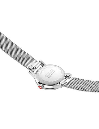 Angle shot of Mondaine MSE.26140.SM Silver Stainless Steel Womens Watch on white background