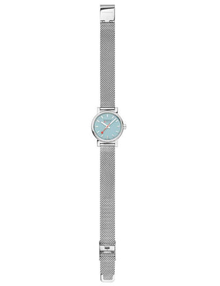 Angle shot of Mondaine MSE.26140.SM Silver Stainless Steel Womens Watch on white background