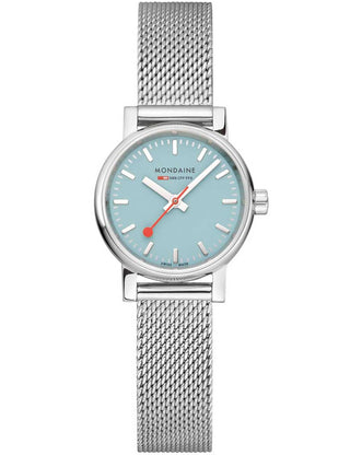 Angle shot of Mondaine MSE.26140.SM Silver Stainless Steel Womens Watch on white background