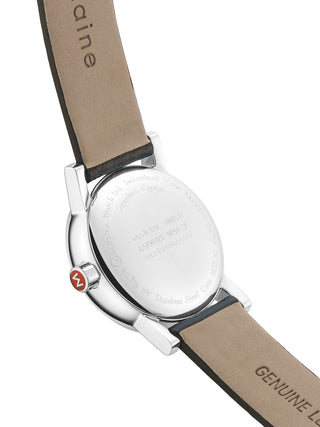 Angle shot of Mondaine MSE.30110.LB White Dial Black Leather Womens Watch on white background