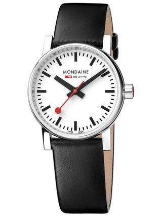 Angle shot of Mondaine MSE.30110.LB White Dial Black Leather Womens Watch on white background